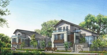 Modern twin houses with large windows and greenery under a clear sky.