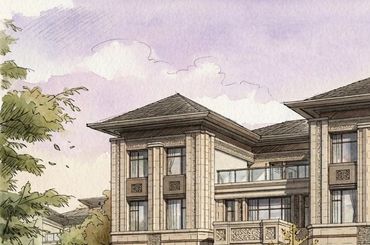 Elegant three-story mansion with detailed architecture and lush gardens under a pastel sky.