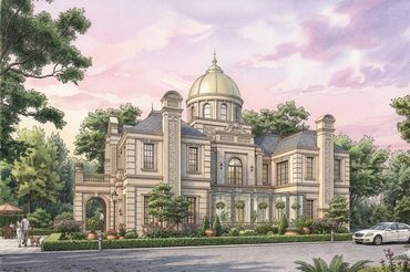 Elegant mansion with a golden dome and lush greenery at sunset.