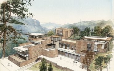 Architectural sketch of a modern hillside mansion with natural stone and glass elements.