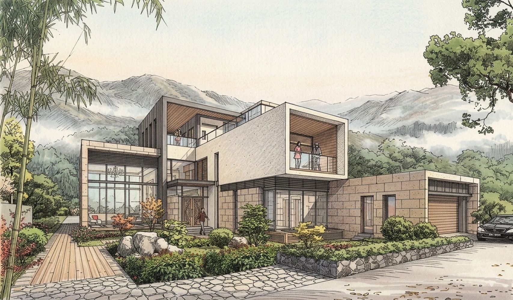 A modern two-story house with large windows and a landscaped garden.