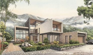 A modern two-story house with large windows and a landscaped garden.