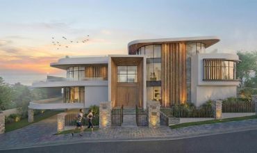 Modern luxury house with wooden accents at sunset and two joggers in front.