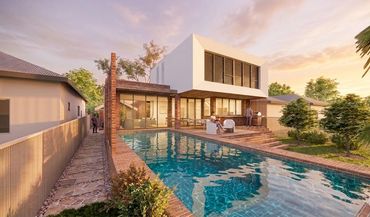 Modern two-story house with a swimming pool and outdoor seating area at sunset.