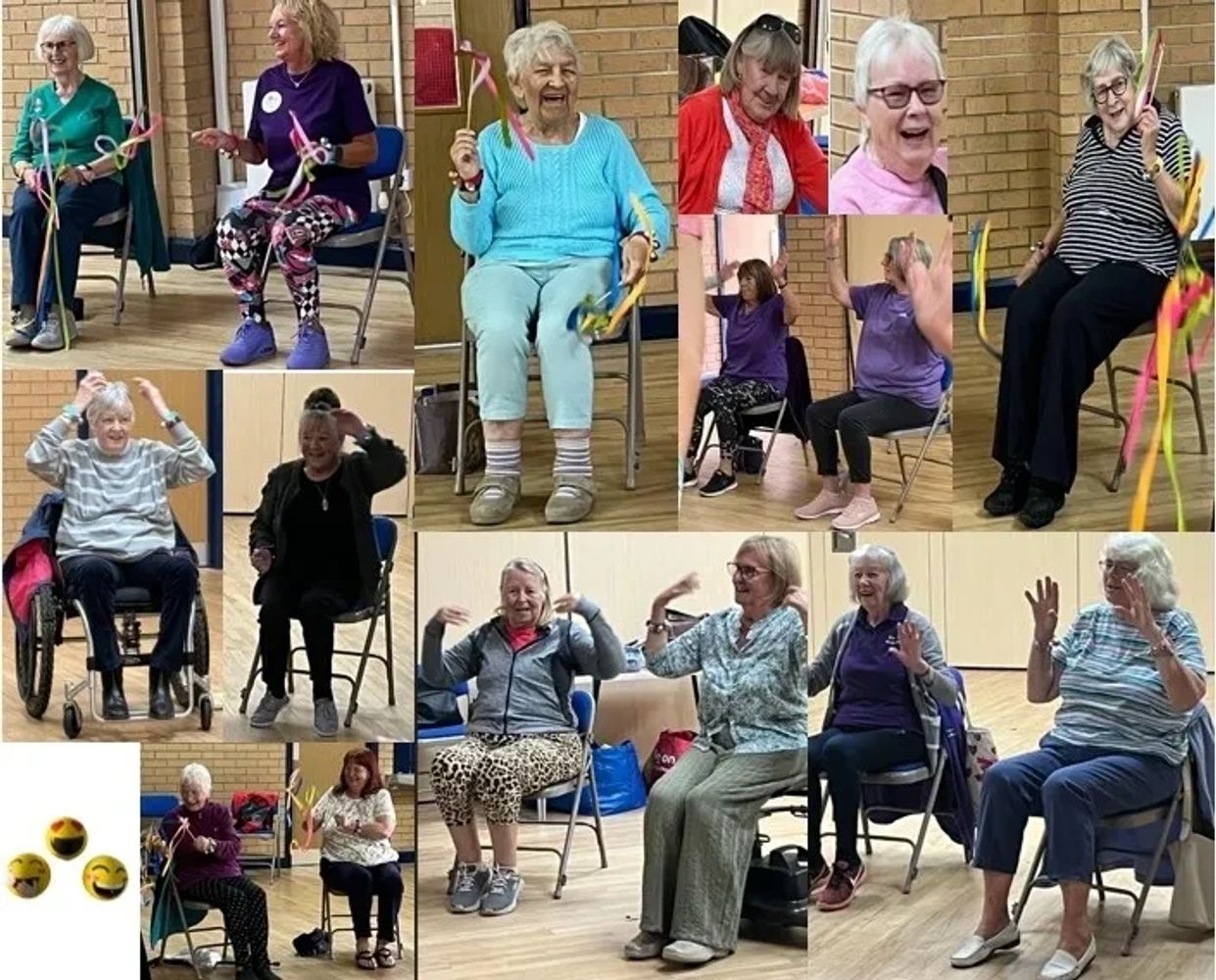 Older Adults / Seniors enjoying group chair seated exercises with colorful ribbons indoors.