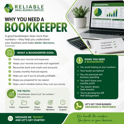 Infographic explaining why businesses need a bookkeeper and their benefits.