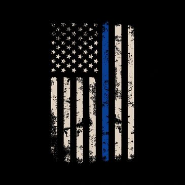 Distressed Thin Blue Line American flag symbol on black background.