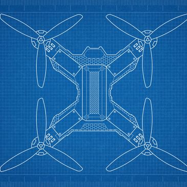 Technical blueprint of a quadcopter drone design with detailed propellers and structure.
