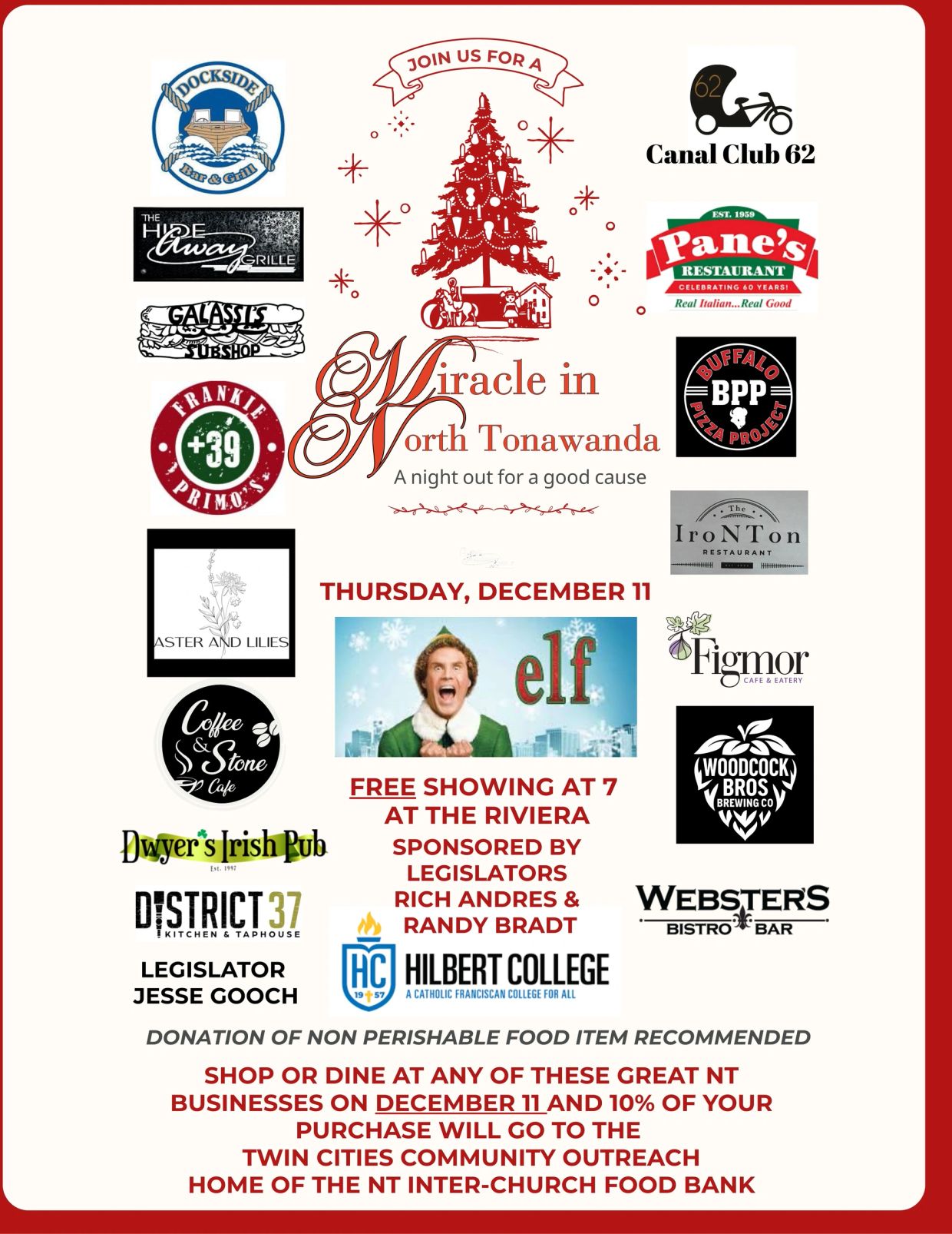 Event flyer for Miracle in North Tonawanda showcasing local businesses and a free Elf movie screening.