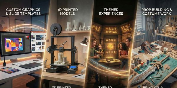  design, 3D printing, themed experiences, and prop building for character creation.