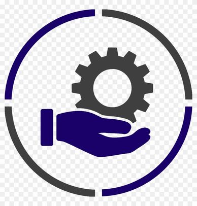 Hand holding a gear symbol inside a segmented circle.