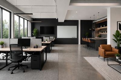 Modern office space with desks, chairs, and a lounge area.