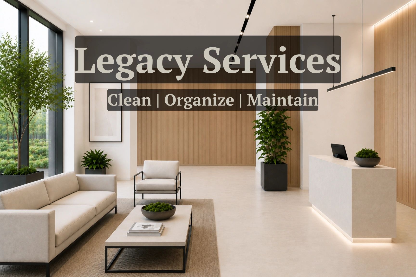 Modern lobby with text promoting Legacy Services: Clean, Organize, Maintain.