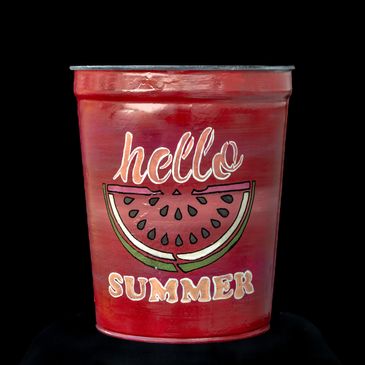 Red bucket with 'hello summer' and watermelon design.