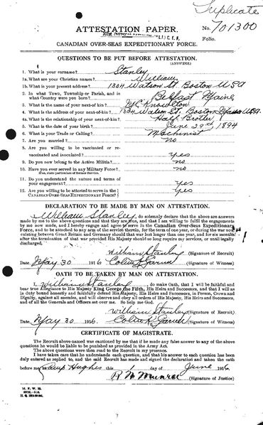 "William Stanley" CEF attestation paper, 1916