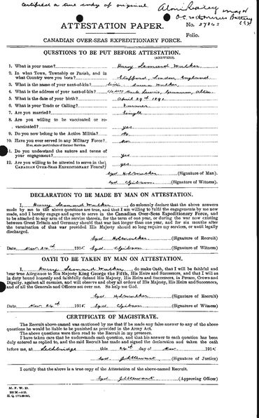 Harry Walker's CEF attestation paper, 1915