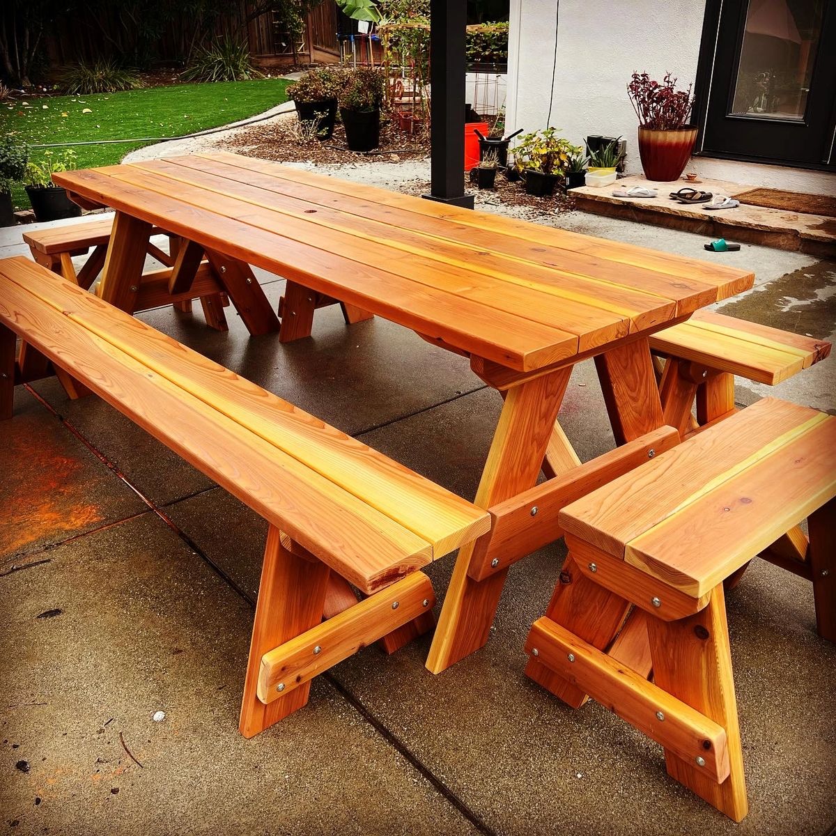 Redwood picnic table with detached benches cheap