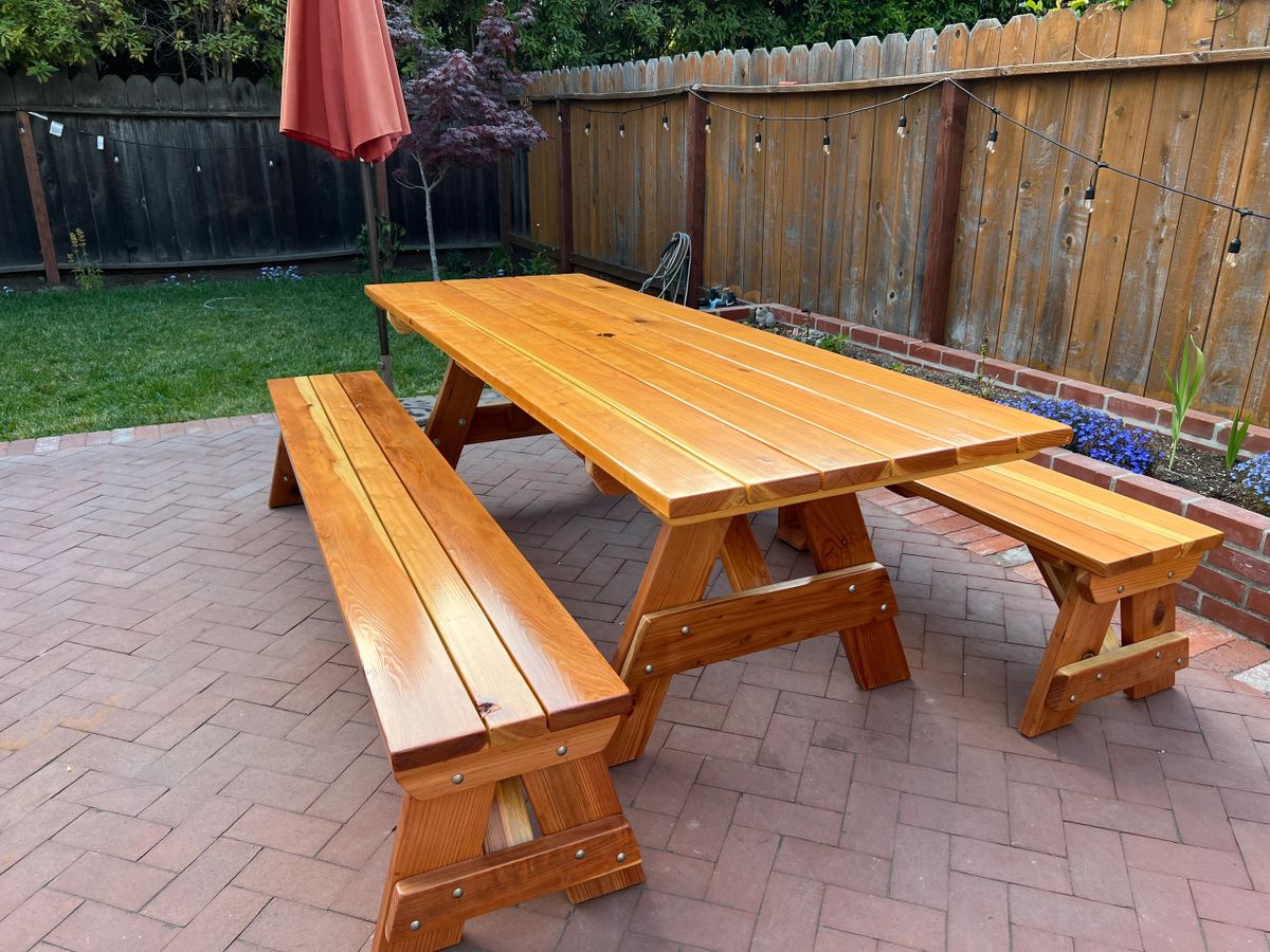 Redwood Picnic Table Detached Benches Varnished