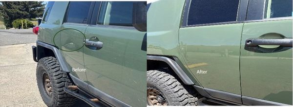 Before and after images showing a repaired dent on a green vehicle's door.