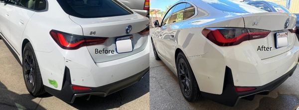 Side-by-side comparison of a white BMW with rear bumper damage and after repair.