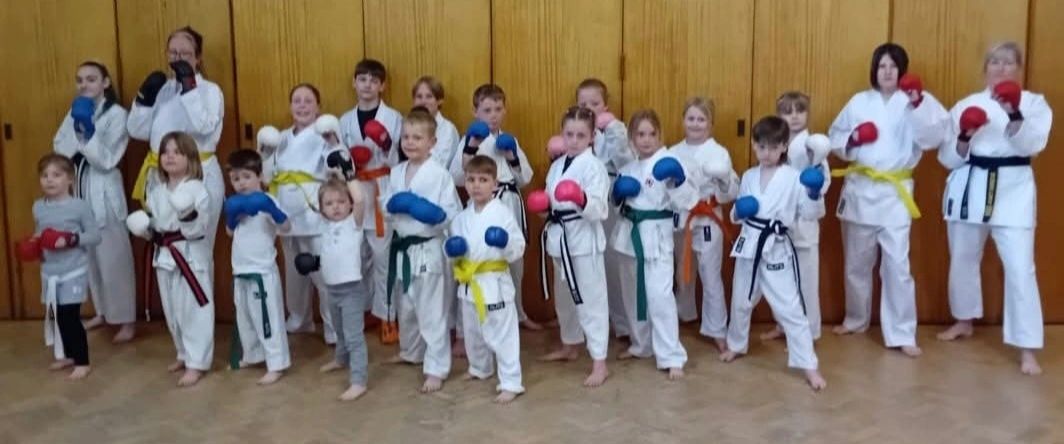Group of children and adults in karate uniforms posing with gloves.