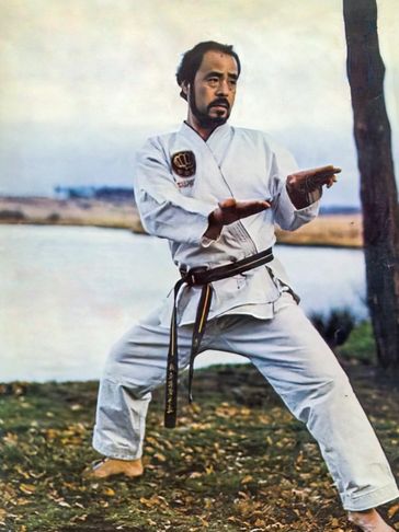 Man in a karate gi practicing martial arts outdoors.