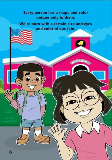 Two children waving in front of a school with a message about uniqueness and diversity.