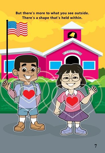 Two children with hearts on their shirts stand happily outside a school building with an American flag.