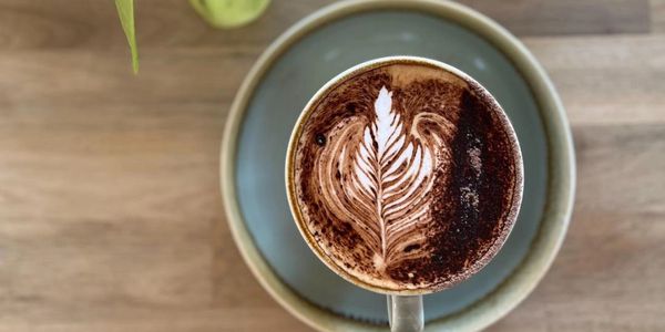 A cup of coffee with leaf-shaped latte art on a saucer.