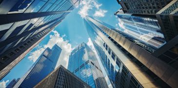Skyscrapers reaching towards a bright blue sky with scattered clouds.