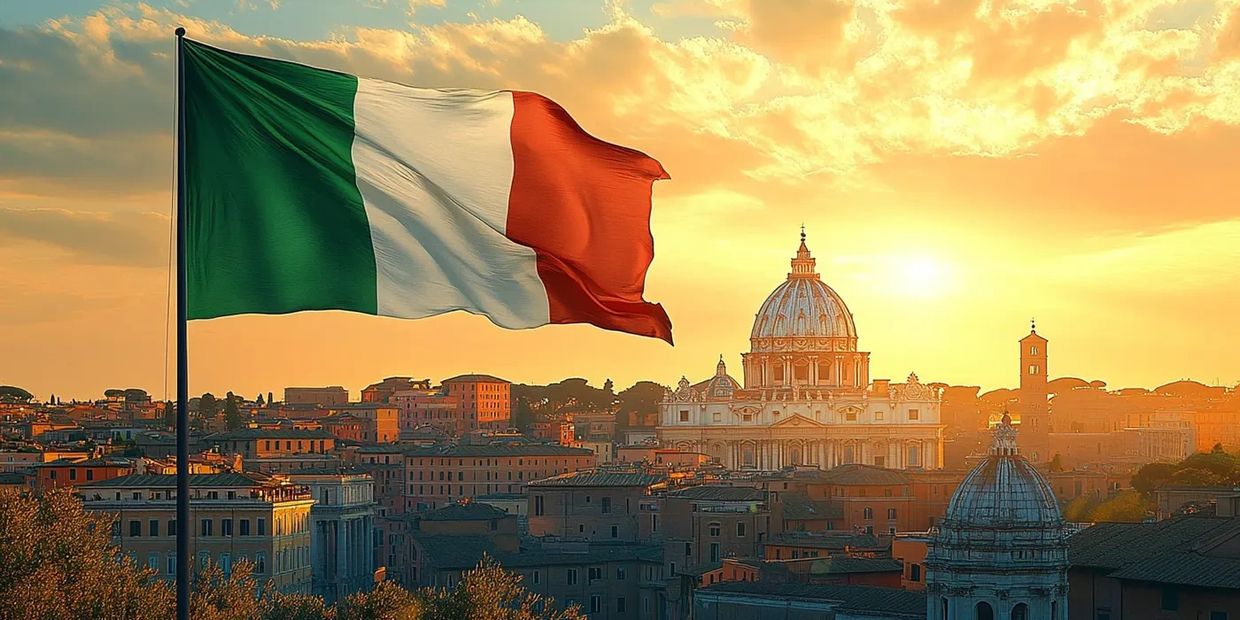 Italian flag waving over Rome at sunset with St. Peter's Basilica in view.