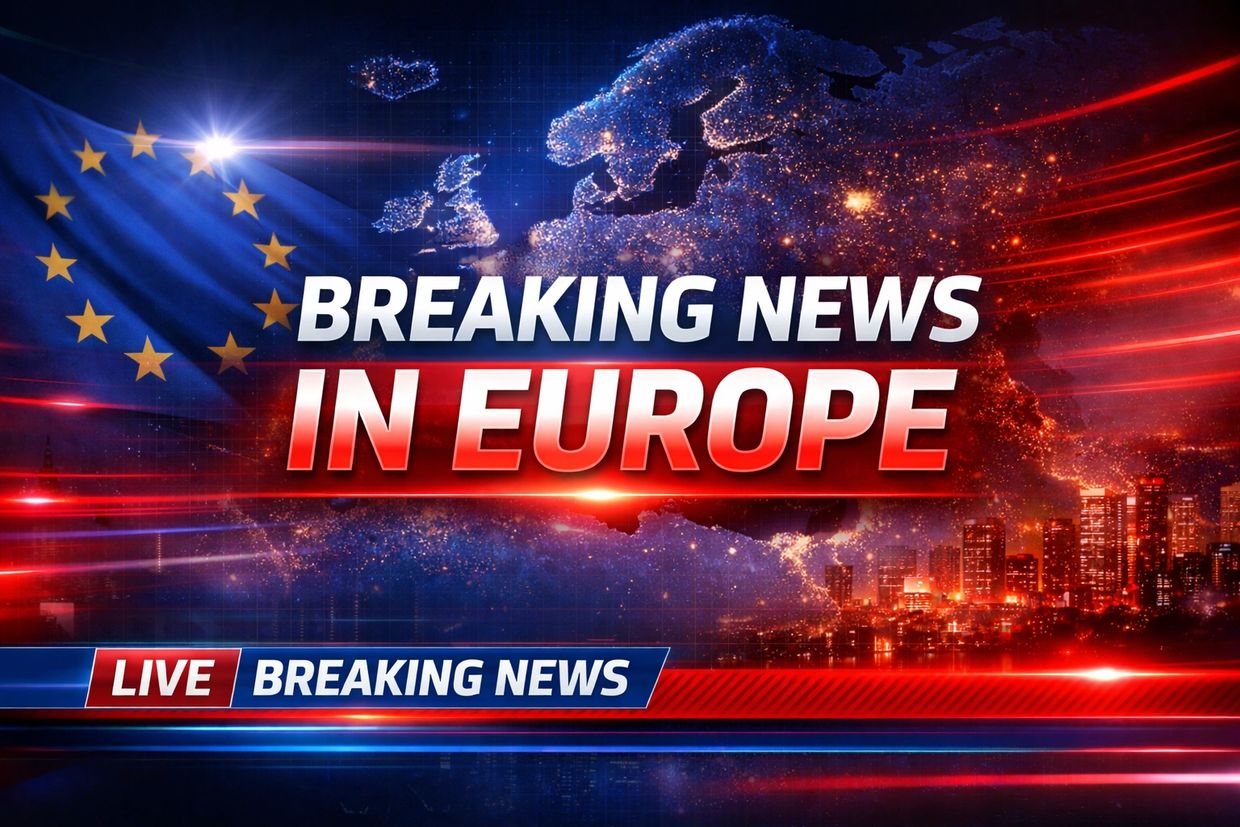 Breaking news alert with European map and flag visuals.