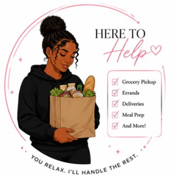 Woman holding grocery bag with service offers.