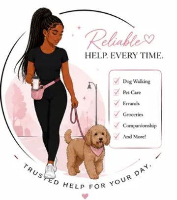 Woman walking a dog offering reliable help services.