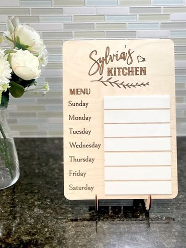 A unique personalized reusable menu for your kitchen made with wood and acrylic.