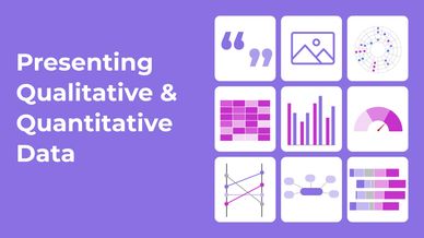 Image of a slide that says "presenting qualitative and quantitative data" with 9 mini charts