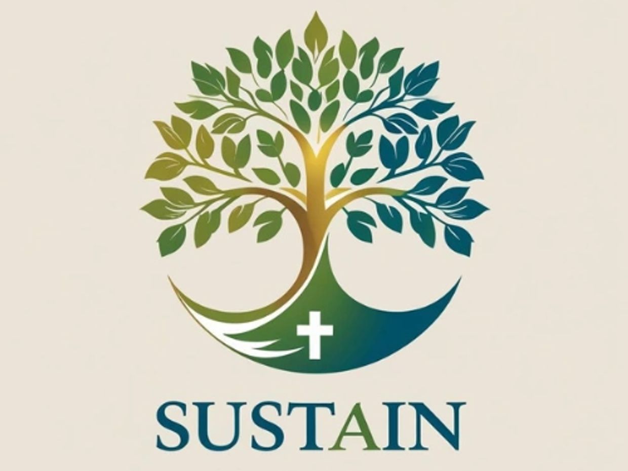A stylized tree with a cross and the word 'SUSTAIN' below it.