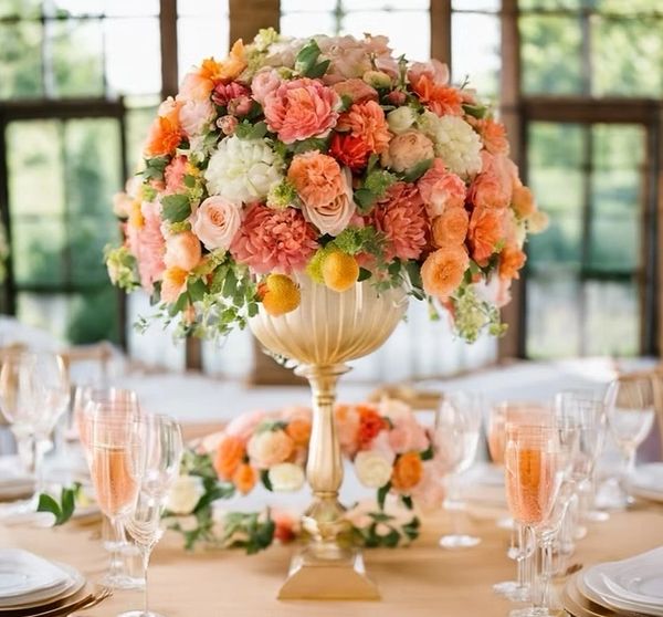 Elegant floral centerpiece with peach and white flowers on a formal dining table.