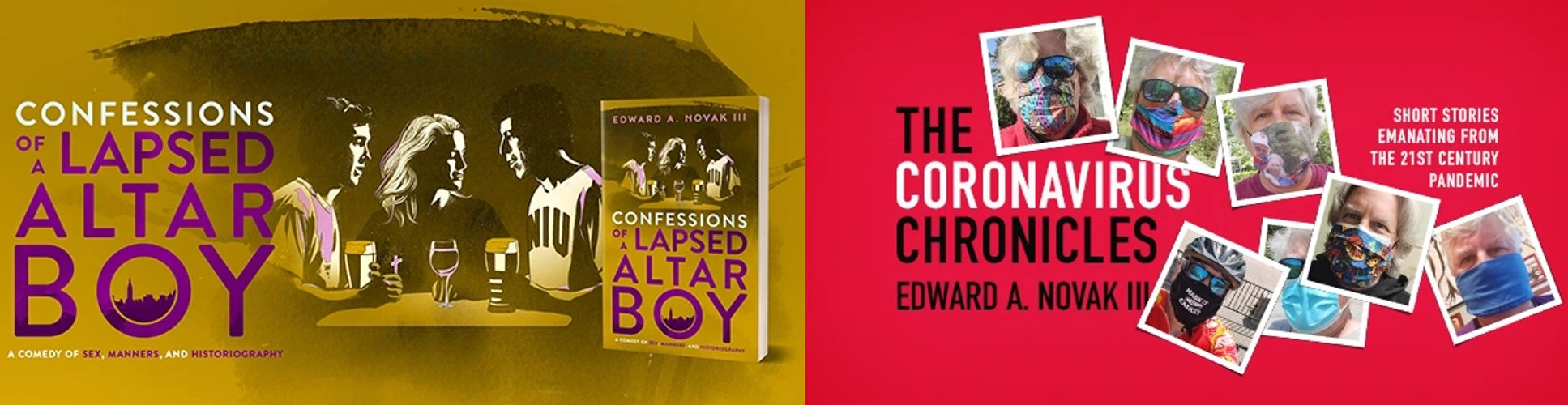 Promotional banner for "Confessions of a Lapsed Altar Boy" and "The Coronavirus Chronicles."