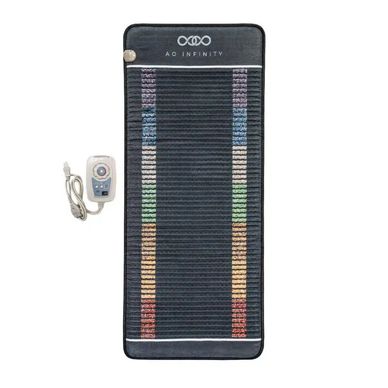 Black AO Infinity heating pad with remote control and colorful strip accents.