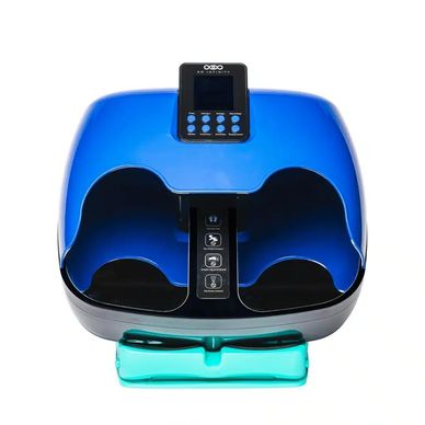 A blue and black OXO Good Grips dual cup dispenser with digital display.