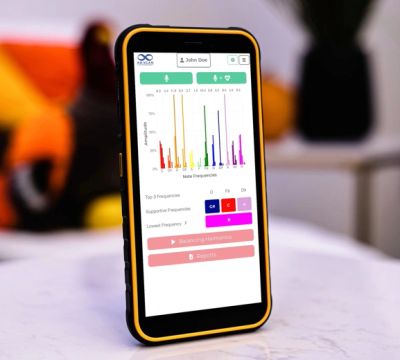 Smartphone with data visualization on screen.