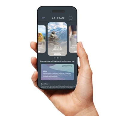 Hand holding phone showing AO Scan app with wellness and health information.