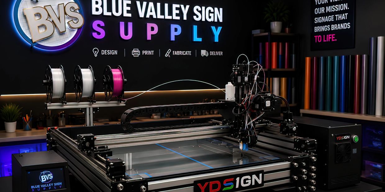 Industrial sign-making machine at Blue Valley Sign Supply.