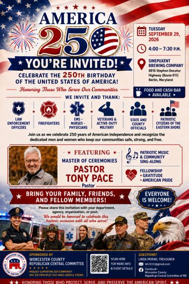 Invitation to America's 250th Birthday celebration on Sep 29, 2026, in Berlin, Maryland.