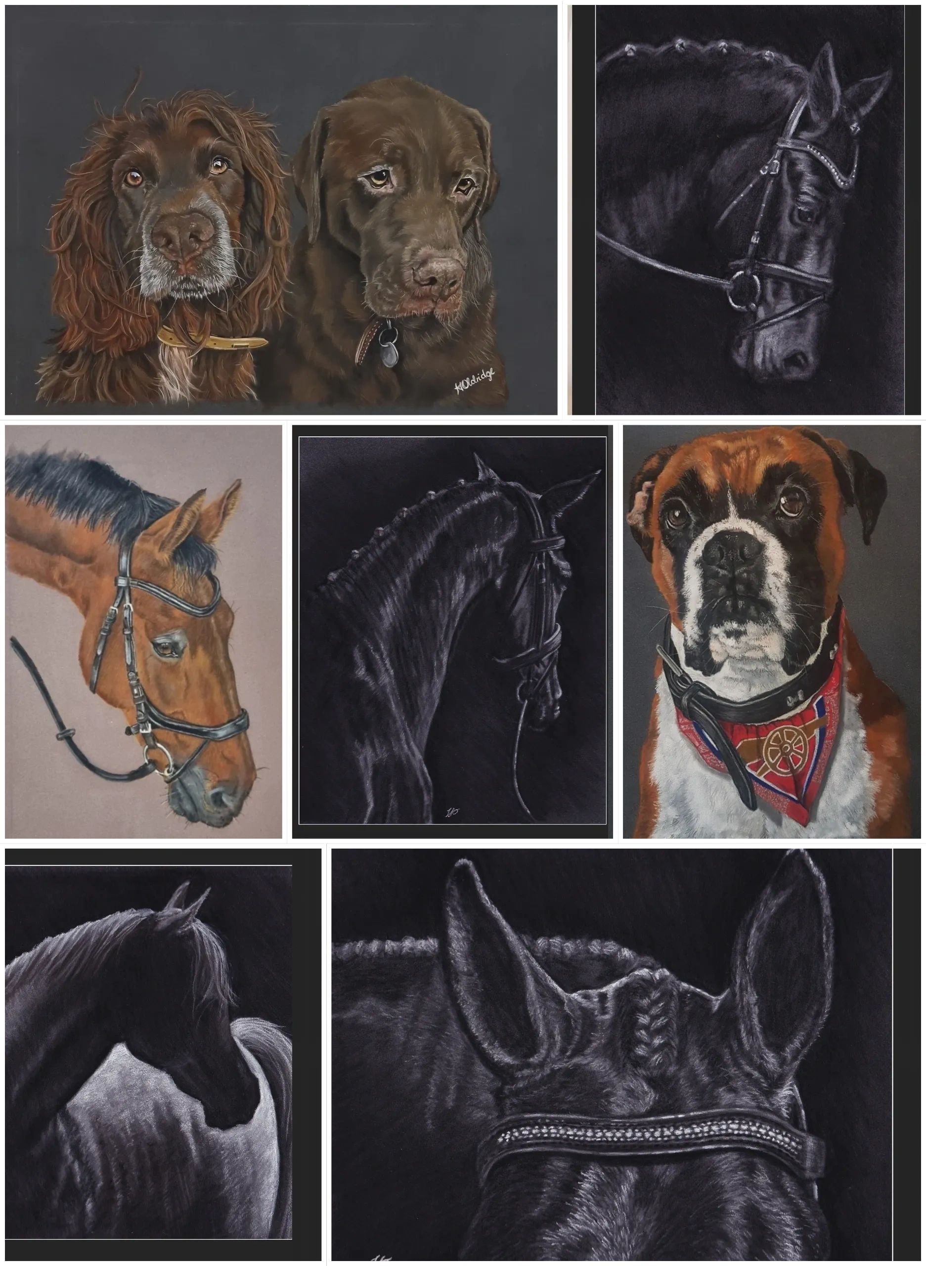 Detailed drawing of a black dog with a brown collar on a dark background.