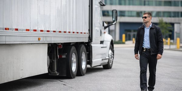 A man in sunglasses walking near a parked semi-truck on an urban street.