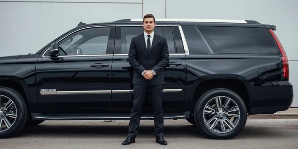 A man in a black suit stands confidently in front of a black luxury SUV.