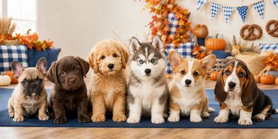 Six puppies lined up on a blue rug with autumn decor behind.