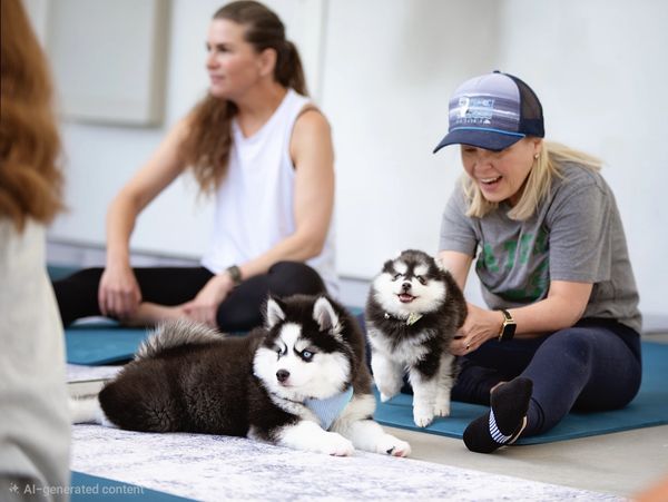 People enjoying yoga with adorable husky puppies.